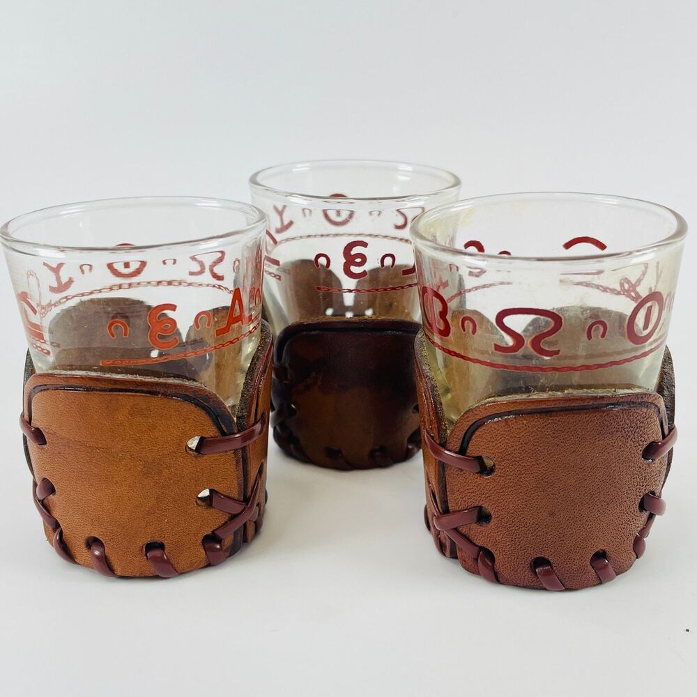 3 Vintage Libbey Bamco Western Shot Glasses MCM Tooled Leather Wraps Barware